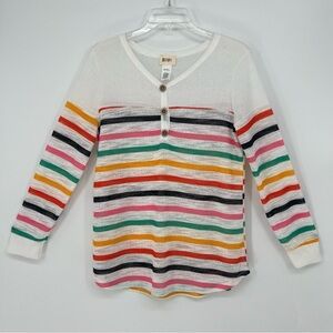 BiBi Womens Top Summer Sweater Open Knit Rainbow Stripes V-Neck Stretch  NEW